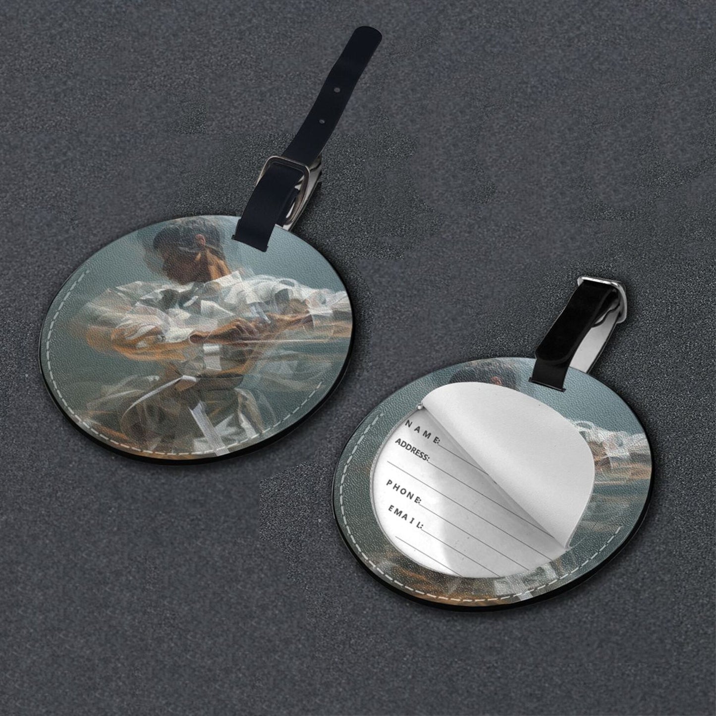 Artistic Portrait Printed Round Leather Luggage Tag Set of 2, Travel Bag Anti - loss Identification Tag (Diameter 3.7in/9.8cm )