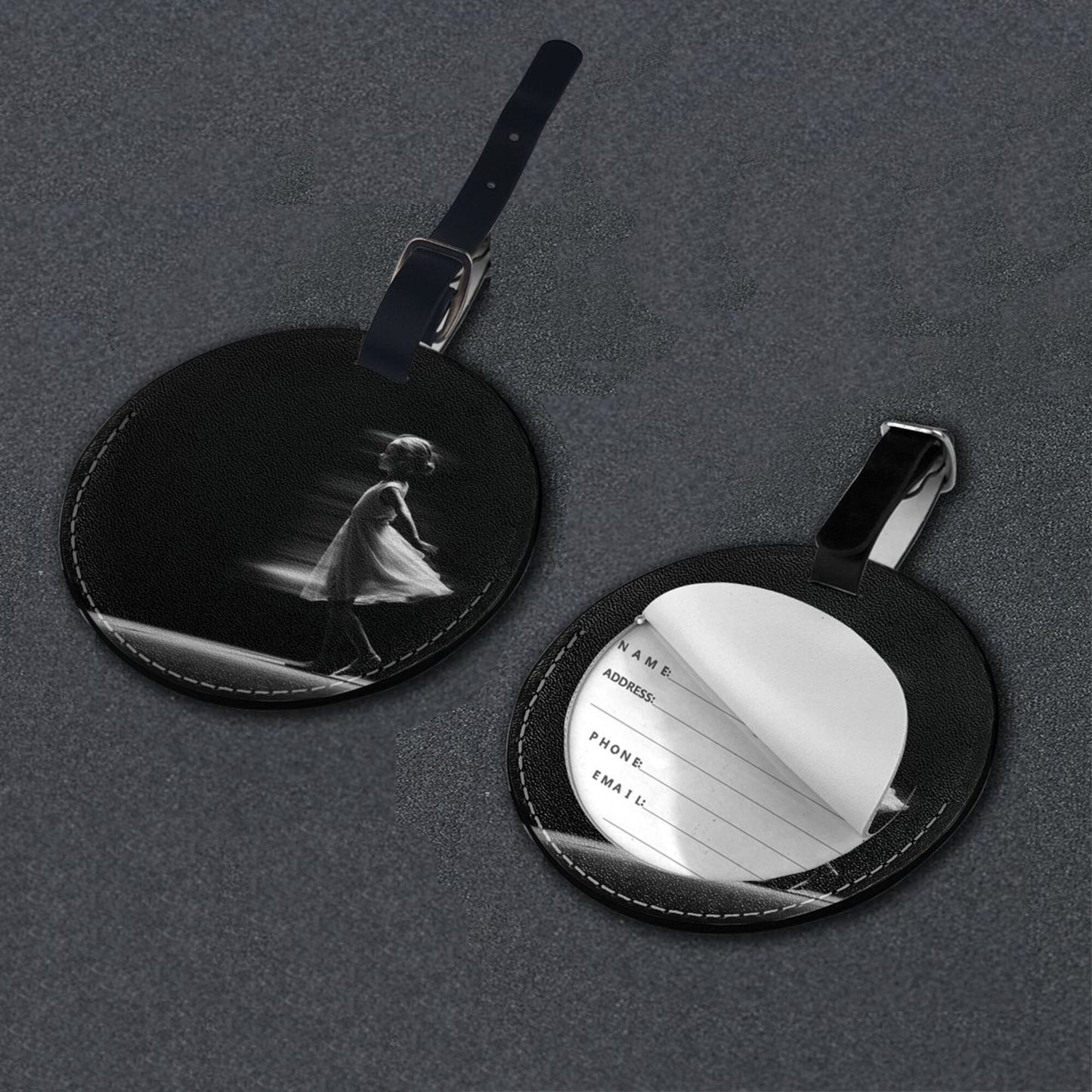 Artistic Black - and - White Silhouette Round Leather Luggage Tag Set of 2, Travel Bag Anti - loss Identification Tag (Diameter 3.7in/9.8cm)