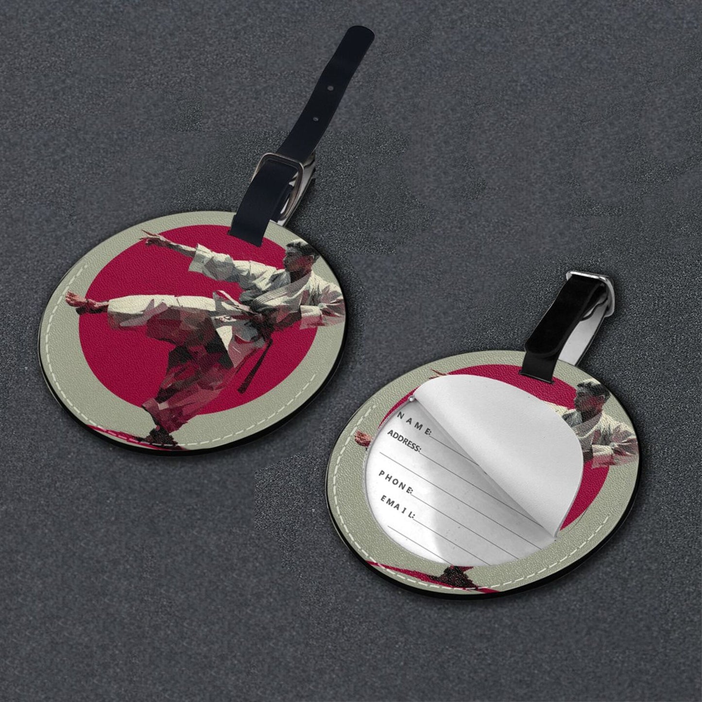 Martial Arts - Themed Round Leather Luggage Tag Set of 2, Personalized Travel Bag Anti - loss Identification Tag (Diameter 3.7in/9.8cm )