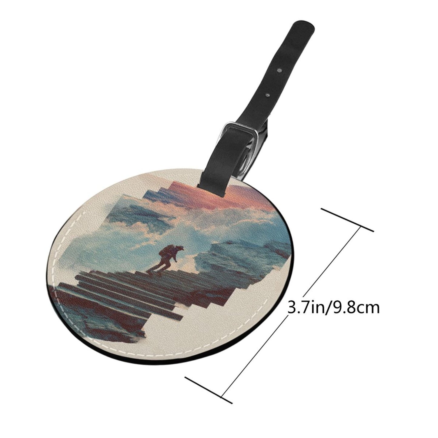 Artistic Landscape Mountaineering - Themed Round Leather Luggage Tag Set of 2, Travel Bag Anti - loss Identification Tag (Diameter 3.7in/9.8cm)