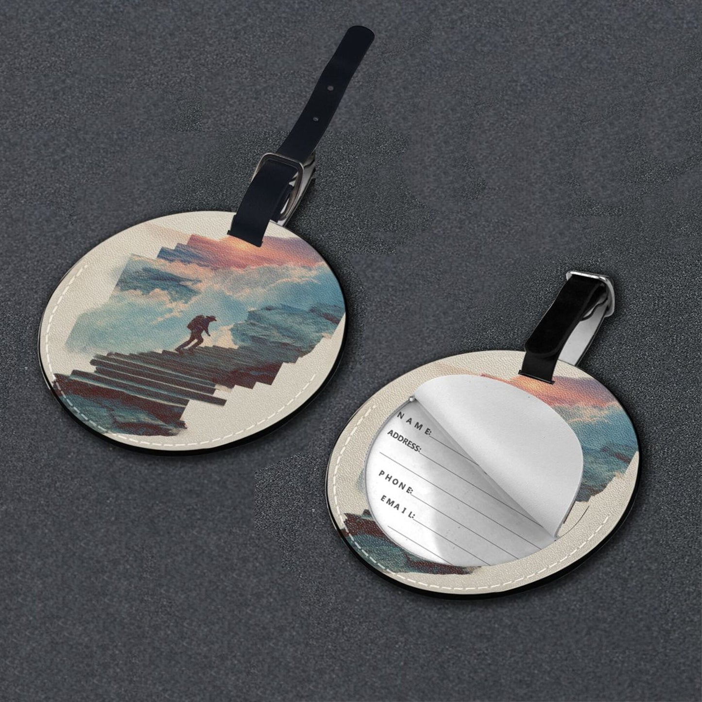 Artistic Landscape Mountaineering - Themed Round Leather Luggage Tag Set of 2, Travel Bag Anti - loss Identification Tag (Diameter 3.7in/9.8cm)