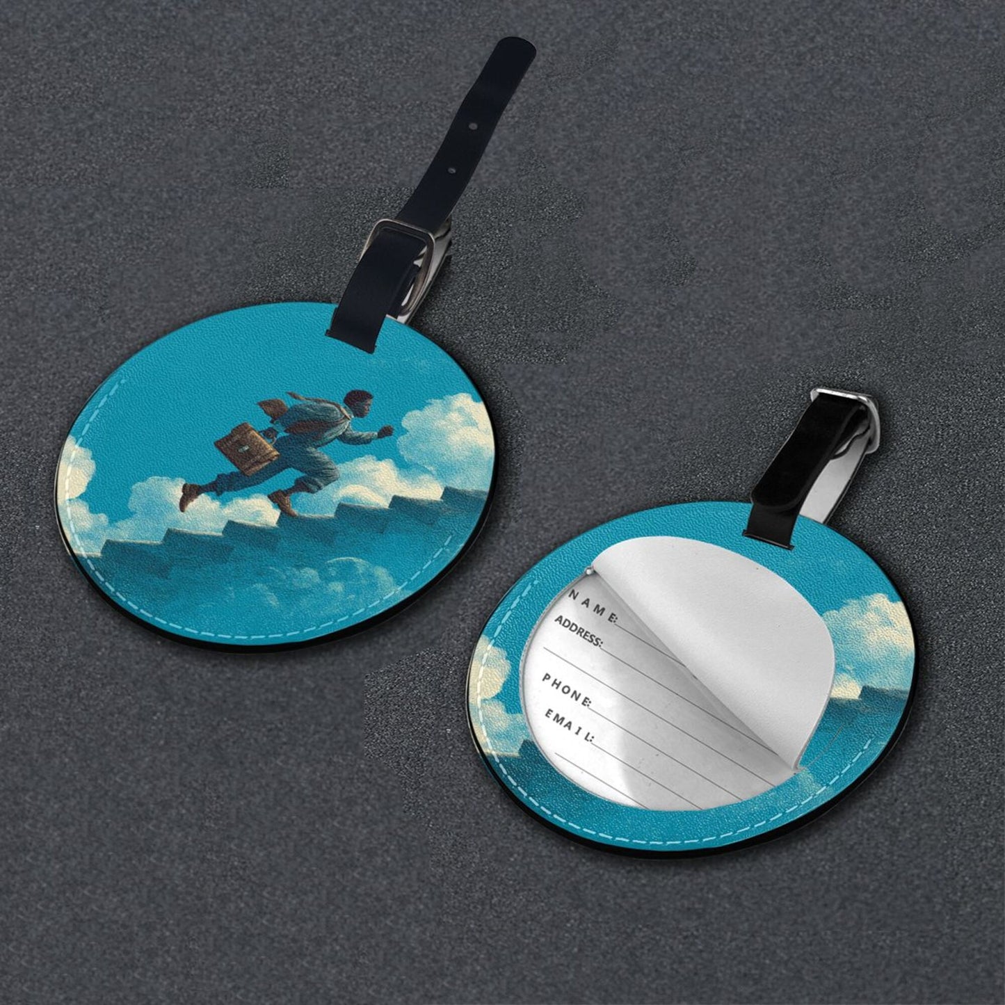 Dreamy Cloud Staircase Round Leather Luggage Tag Set of 2, Creative Travel Bag Anti - loss Identification Tag (Diameter 3.7in/9.8cm )