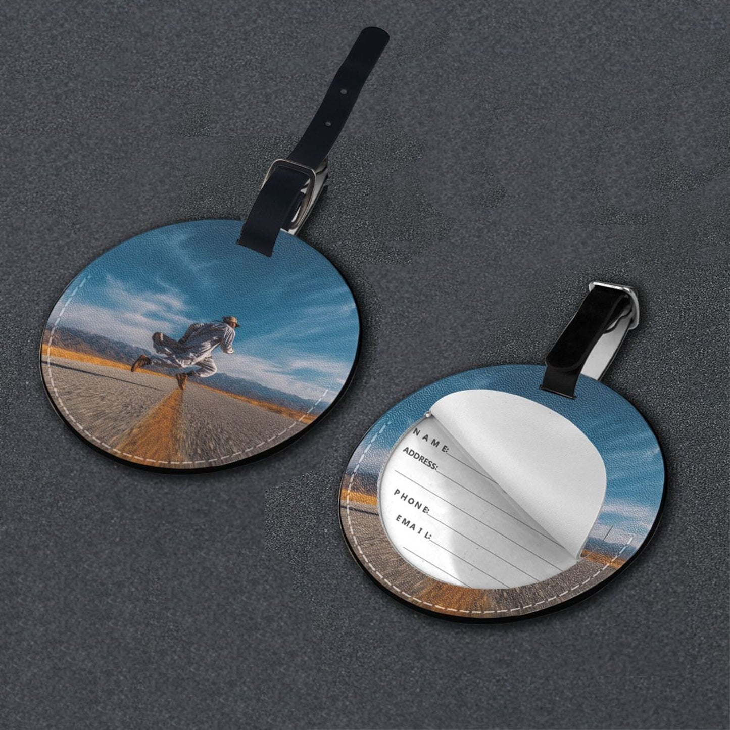 Road Jump Art Round Leather Luggage Tag Set of 2, Personalized Travel Bag Anti - loss Identification Tag (Diameter 3.7in/9.8cm)