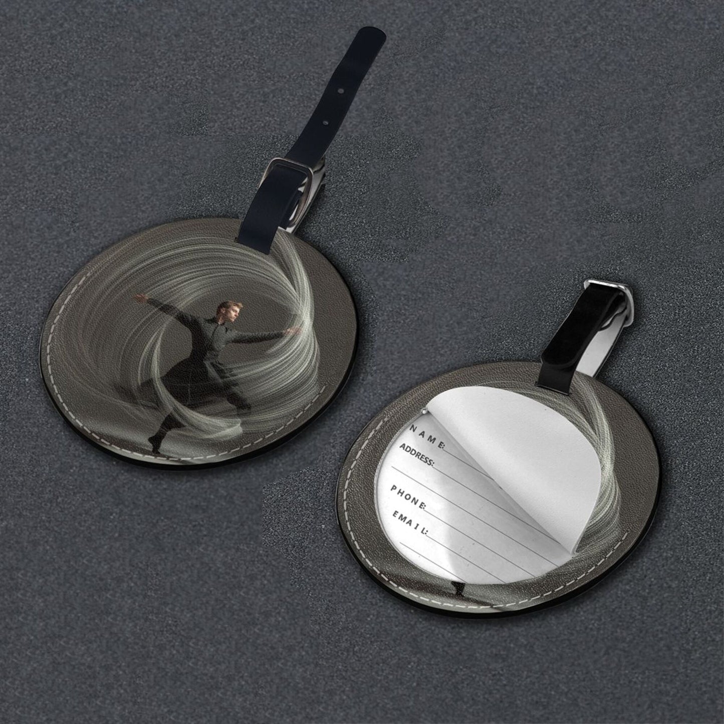 Artistic Spinning Figure Round Leather Luggage Tag Set of 2, Travel Bag Anti - loss Identification Tag (Diameter 3.7in/9.8cm )