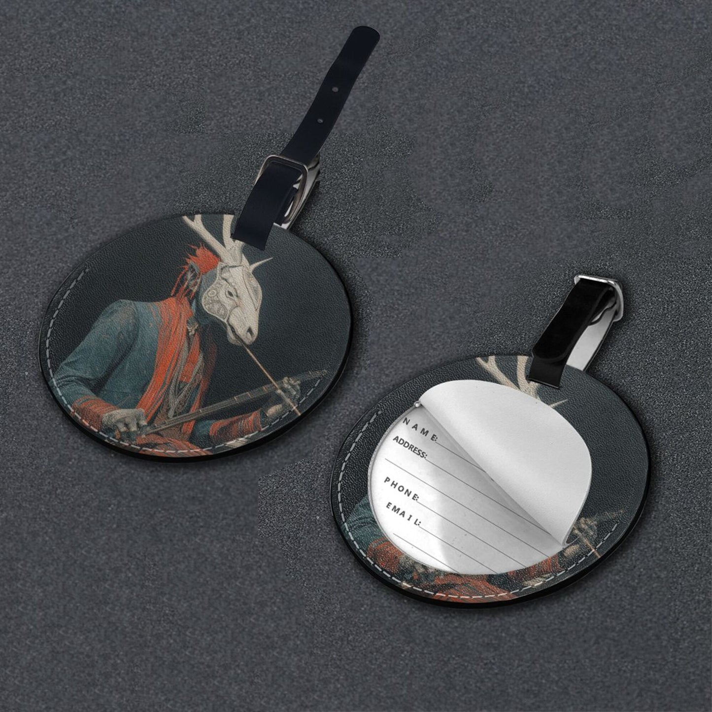Mysterious Deer - Head Figure Round Leather Luggage Tag Set of 2, Creative Travel Bag Anti - loss Identification Tag (Diameter 3.7in/9.8cm )