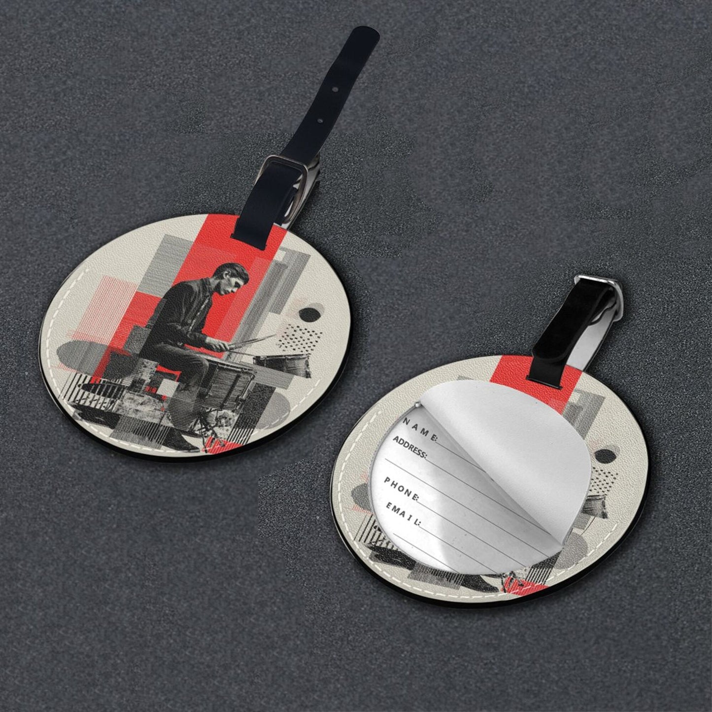 Urban Jazz Drummer Round Leather Luggage Tag Set of 2, Personalized Travel Bag Anti - loss Identification Tag (Diameter 3.7in/9.8cm)