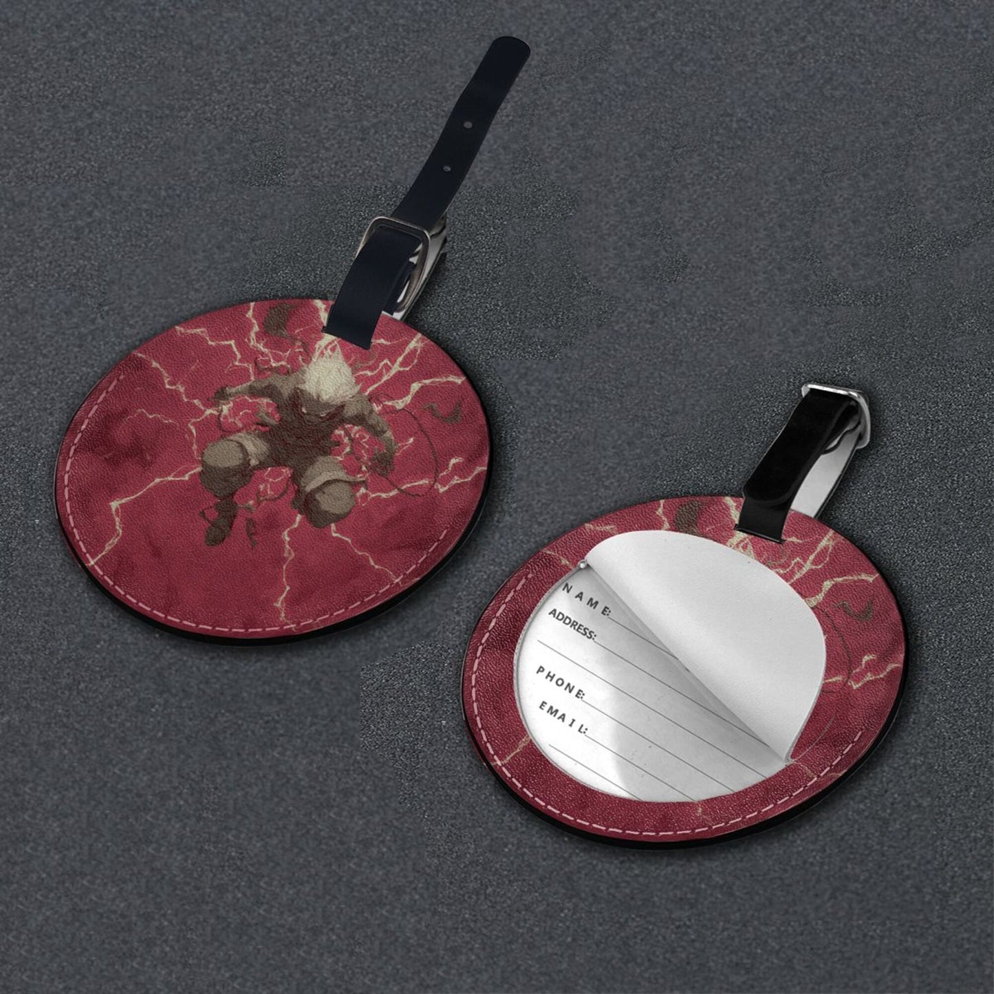 Anime Thunder Warrior Round Leather Luggage Tag Set of 2, Personalized Travel Bag Anti - loss Identification Tag (Diameter 3.7in/9.8cm)