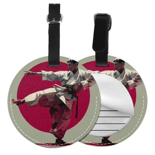 Martial Arts - Themed Round Leather Luggage Tag Set of 2, Personalized Travel Bag Anti - loss Identification Tag (Diameter 3.7in/9.8cm )