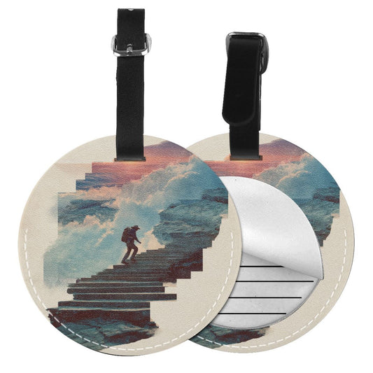 Artistic Landscape Mountaineering - Themed Round Leather Luggage Tag Set of 2, Travel Bag Anti - loss Identification Tag (Diameter 3.7in/9.8cm)