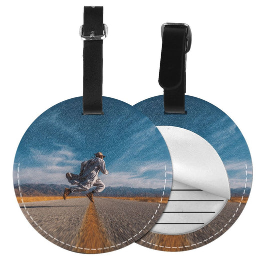 Road Jump Art Round Leather Luggage Tag Set of 2, Personalized Travel Bag Anti - loss Identification Tag (Diameter 3.7in/9.8cm)