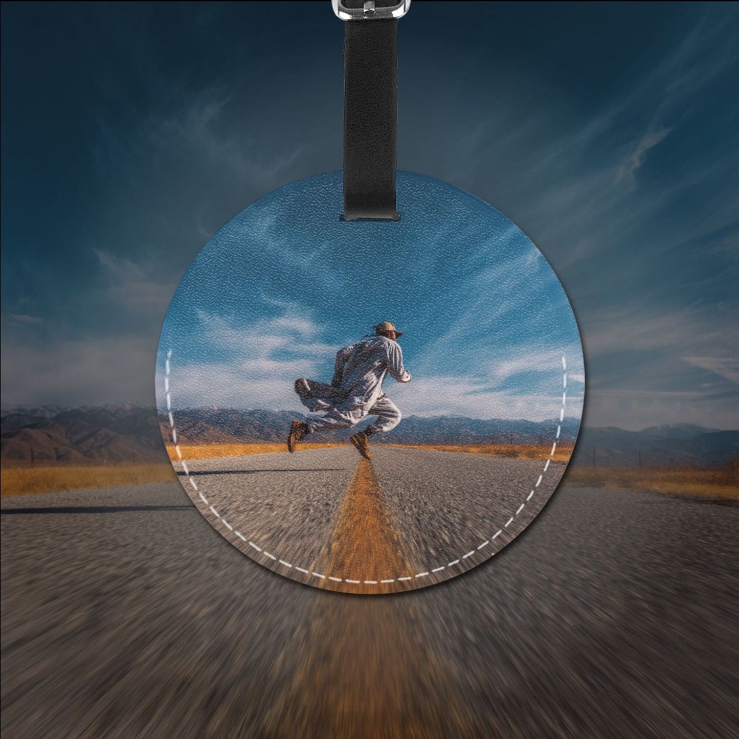 Road Jump Art Round Leather Luggage Tag Set of 2, Personalized Travel Bag Anti - loss Identification Tag (Diameter 3.7in/9.8cm)