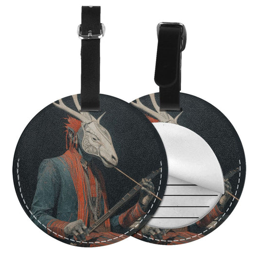 Mysterious Deer - Head Figure Round Leather Luggage Tag Set of 2, Creative Travel Bag Anti - loss Identification Tag (Diameter 3.7in/9.8cm )