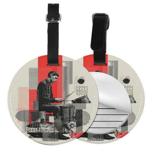 Urban Jazz Drummer Round Leather Luggage Tag Set of 2, Personalized Travel Bag Anti - loss Identification Tag (Diameter 3.7in/9.8cm)